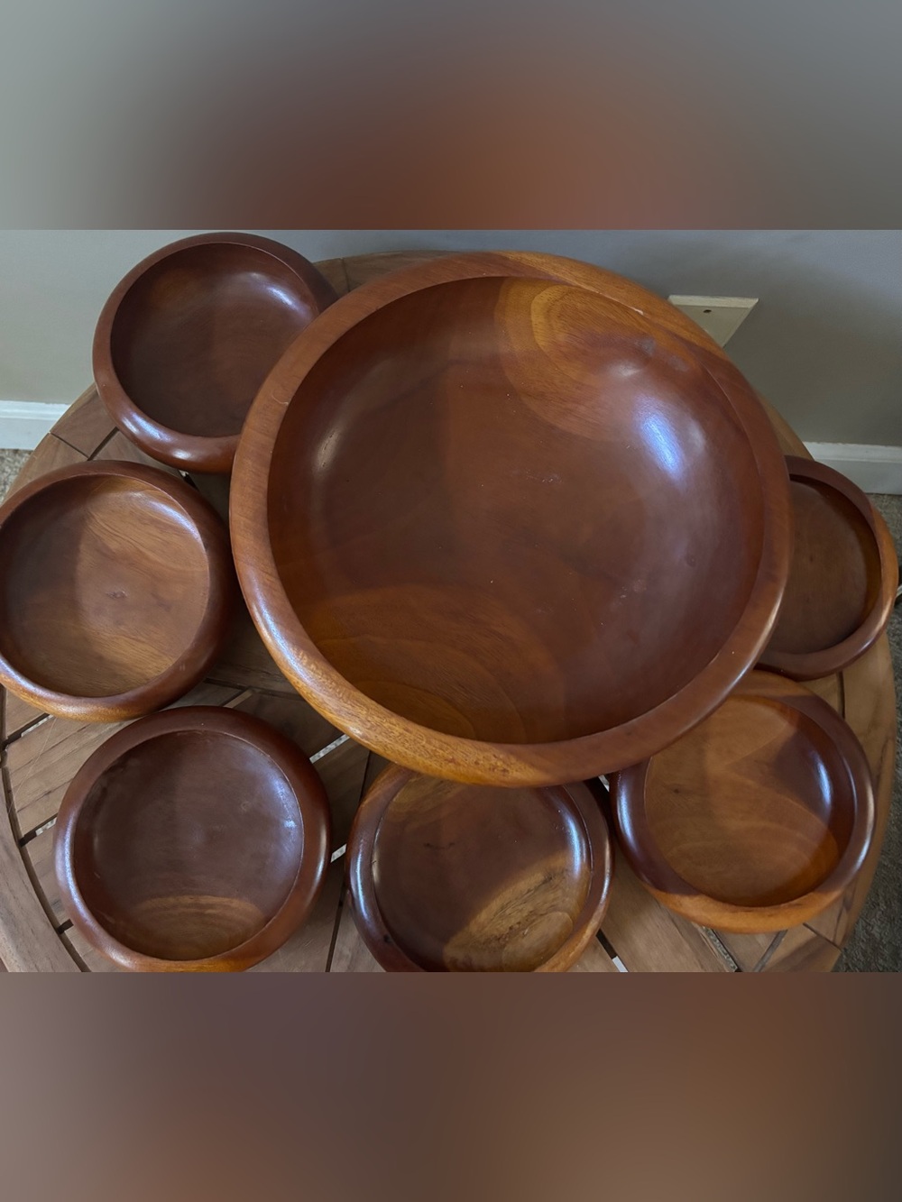 Vintage Handmade Mahogany Serving Bowl & 6 Bowls SET UNUSED